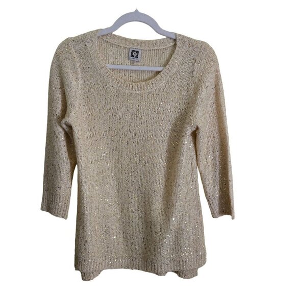 Anne Klein Vintage Golden Beige Sequined 3/4 Sleeve Holiday Sweater Size S - Picture 1 of 5